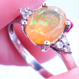 10k Solid White Gold Genuine Ethiopian Oval Opal & White Zircon Ring